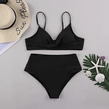 Katı Siyah Yüksek Bel Bikini Setleri Mayo Kadınlar İçin Seksi V Yaka Tankı İki Adet Mayo 2022 Plaj Mayo