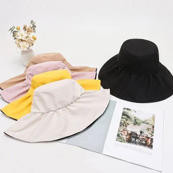 Kadın Yaz Geniş Ağız Güneş Koruyucu Şapka İle Halat Açık Plaj Güneş Koruma Katı Katlanabilir Kapaklar Kadın Kova Şapka Anti-Uv Kap