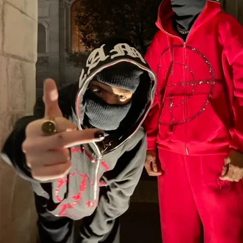 Erkekler Hip Hop Streetwear Kapşonlu Ceket okçuluk hedefi Baskı Büyük Boy fermuarlı ceket Harajuku Punk Grunge Çift Hoodie Y2k Giysileri