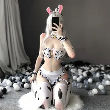 Yeni Cos İnek Cosplay Kostüm Hizmetçi Tankini Bikini Mayo Anime Kız Mayo Giyim Lolita sütyen ve külot Seti Çorap