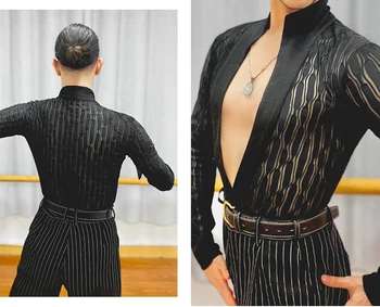 CACARE Leotard Erkek Gömlek Bodysuit Latin Balo Salonu Dans Yarışması Üst Uygulama Giyim Siyah D1275 Örgü S-2XL Dropship
