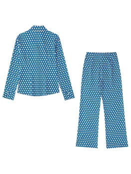 Iki Parçalı Setleri Bayan Kıyafetler Vintage Geometrik Baskı Pantolon Setleri Düğme Gömlek Ve Yüksek Bel Alevlendi Pantolon Co Ord Seti Kadın
