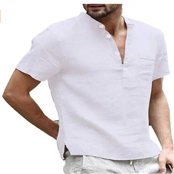 2022 Yeni erkek tişört V Yaka tek göğüslü tasarım Erkekler tshirt Rahat moda Pamuk ve Keten Nefes Düz Renk Gömlek Erkek