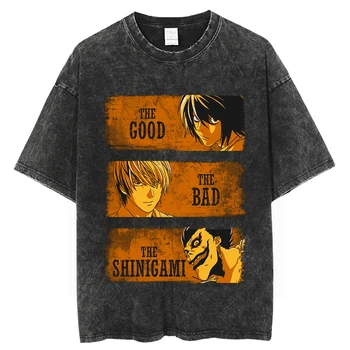 Vintage Yıkanmış Tişörtleri ölüm notu Anime Grafik baskı T Shirt Harajuku Boy Tee Pamuk moda Streetwear unisex üst