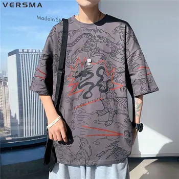 VERSMA Çin Tarzı Efsanevi Hayvan Vintage Baskı T-shirt Erkekler Yaz Yüksek Sokak Büyük Boy Kısa Kollu Gömlek Erkekler Dropshipping