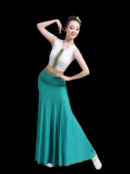 Azınlık Tavuskuşu Dans Kostümleri Dai dans elbiseleri Fishtail Wrap Kalça Geleneksel Halk Çin Tavuskuşu Sahne Performansı Giyim