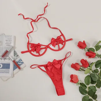Porno kadın Seksi Avrupa Amerikan iç çamaşırı seti Yay Dantel İç Çamaşırı Üç Noktalı Bandaj Sutyen Külot iç çamaşırı seti