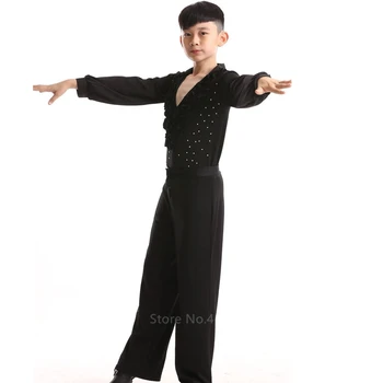 170cm Latin Elbise Giyim Erkek Bebek Çocuklar için Fantezi Rekabet Profesyonel dans kostümü V Boyun Elmas Fırfır Mahkemesi Üst pantolon seti