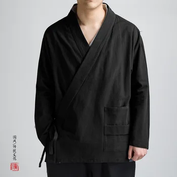 Çin Tarzı Loosekimono Hırka Hanfu Retro Keten Erkek Yukata Kimono Japon Samurai Giyim Artı Boyutu Katı Haori Elbise 4XL