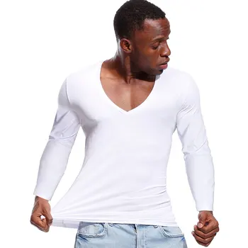 Düz Renk Tshirt Erkekler için Derin V Boyun En Tees Erkek Düşük Kesim Geniş Yaka Pamuk Slim Fit Uzun Kollu Erkek T Shirt