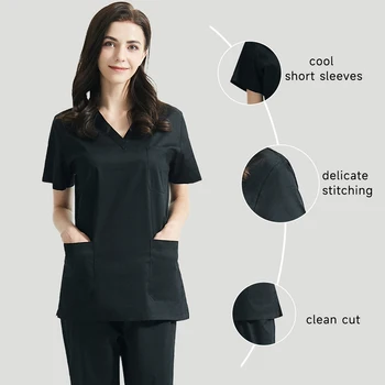 Ameliyathane Tıbbi Üniforma Kadın Scrubs Elbise Kollu V Yaka İşçi T-Shirt Yaz Uniformes Tıbbi Aksesuarlar