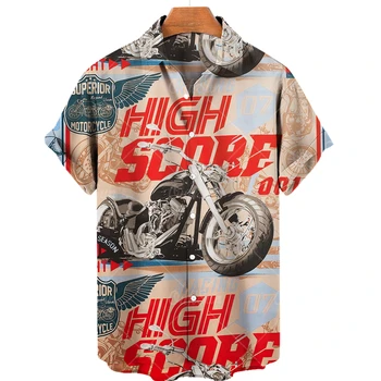 2022 Yeni Motosiklet Baskılı Hawaii T Shirt erkek Plaj Aloha Gömlek Hip Hop Biker Üstleri erkek giyim