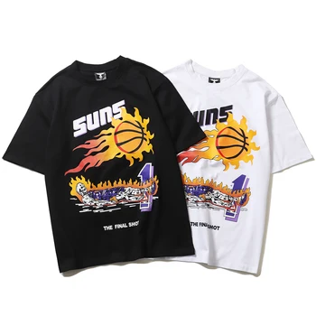Güneş Alev Topu Baskı kısa kollu erkek gömlek Tişörtleri Harajuku Yuvarlak Boyun Büyük Boy Pamuk Streetwear Çift Yaz Tees Gevşek