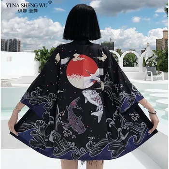 Japon Balık Baskı Kimono Hırka Harajuku Geleneksel Kadın Cosplay Yukata Kadın Obi Siyah Streetwear Haori Beachsafd Ceket
