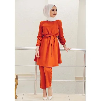 Wepbel Müslüman uzun Kollu Üst + Pantolon Arap kadın Takım Elbise İki Parçalı Kıyafetler Dubai Türk Elbise Düz Renk Müslüman Giyim