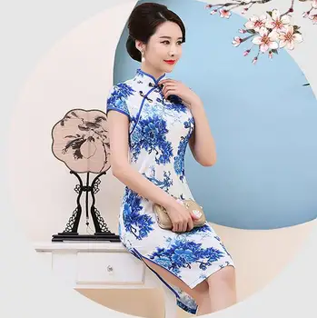 Çin Cheongsam Elbise Yaz Mavi ve Beyaz porselen Kısa Stil Kadın Qipao