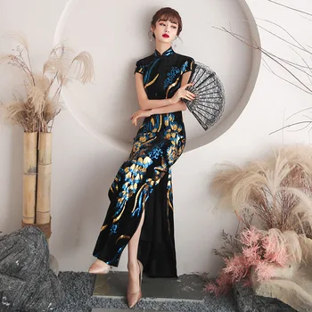 Bling Sequins Aplikler Cheongsam Bayan Ince Tunik Oryantal Qipao Retro Mandarin Yaka çin elbisesi Elbisesi Büyük Boy 3xl-6xl