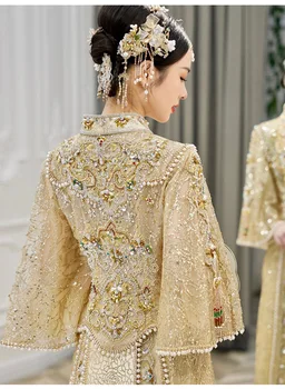 Altın Zarif Sequins Boncuklu Püskül Nakış düğün elbisesi Zarif Evlilik Tost Giyim Cheongsam