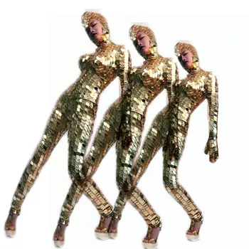 Yeni Altın Sahne Kostüm GoGo Dansçı Kostüm Ayna Kostüm Kadın Parti Altın Ayna Elbise Gece Kulübü Tulum Gösterisi Giyim VDB1126