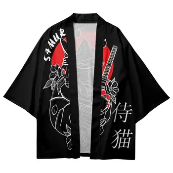 Yaz Rahat Gevşek Çift Kadın Erkek Haori Yukata Karikatür Kedi Samurai Baskılı Siyah Kimono plaj şortu Streetwear Hırka