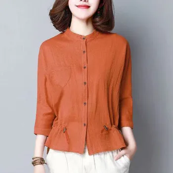 Kadınlar Vintage Hırka Bluz Bahar Sonbahar Yeni Gevşek Moda 3/4 Kollu Casual Katı Tüm Maç Şık Zarif Kadın Gömlek 4XL
