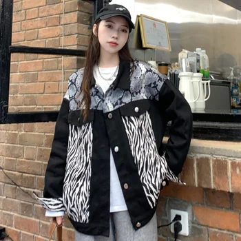 Harajuku Vintage Leopar Baskı Patchwork Kadın Kot Ceket Siyah Yaka Uzun Kollu Kot Ceket Sonbahar Rahat Kadın Streetwear