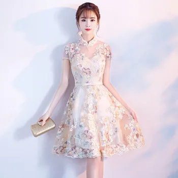 Vintage Çin Tarzı düğün elbisesi Retro Tost Giyim Mini Elbise Evlilik Cheongsam Qipao Parti Akşam Elbise Vestidos Giysi