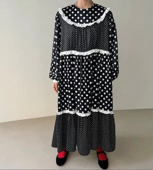 WTIANYUW 2022 Yeni Pist Tasarımcısı Kore Kadın Sonbahar Gevşek Rahat Nokta Vintage Patchwork O Boyun Uzun Kollu tatil elbisesi