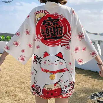 Şanslı Kedi Kimono Japonya Streetwear Hırka Harajuku Elbise Japon Tarzı Giysiler Yaz Erkek Kadın Siyah Beyaz Ceket Tops