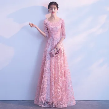 O-boyun Çinli Kadın Qipao Elbise Yarım Kollu Uzun Seksi Akşam Parti Elbisesi Cheongsam Dantel Çiçek Yenilik Pilili Elbiseler Vestidos