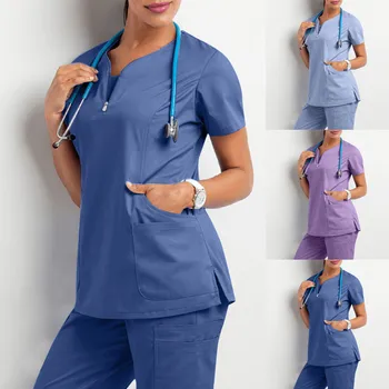 Tıbbi Giysiler Kadınlar İçin 2022 kadın Kısa Kollu V Yaka Cep Bakım İşçileri T-Shirt Yaz uniformes de enfermera mujer