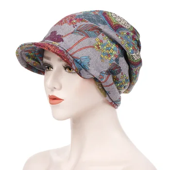 Moda Kadınlar Çiçek Baskı Pamuk Sıcak Tutmak Kış Geniş Kenarlı Kap Türban siperlikli şapka Turbante mujer