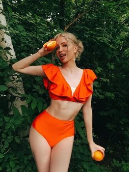 SALSPOR Fırfır Bikini Takım Elbise Yüksek Bel kadın Mayo Push Up Sütyen Katı Yastıklı Banyo Seti Yaz Seksi Bölünmüş Biquini Beachwear