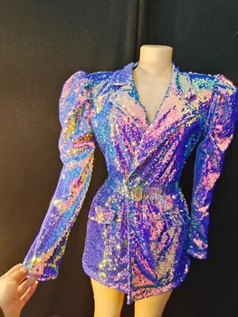 Shining Sequins Blazers Elbise Mor Mavi Kadın Şarkıcı Konak Sahne Performansı Ceket Akşam Parti Doğum Günü Balo Glitter Kostüm