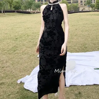 Siyah İnci Yaka Kolsuz Cheongsam Orta uzunlukta İnce Elbise Qipao Çin Tarzı Zarif Bodycon Parti düğün elbisesi