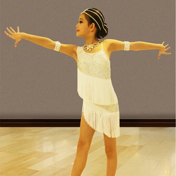 1 adet Kız Latin dans elbiseleri Balo Salonu Saçak Püskül Elbise Çocuklar Pullu Fringe Salsa Samba Sahne Yarışması Dans Kostüm