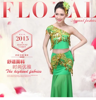 Yeni Çin Geleneksel Elbise Kız Kadın Dai Ulusal Halk Fan dans kostümü Uzun Mermaid Tavuskuşu dans kostümü elbise