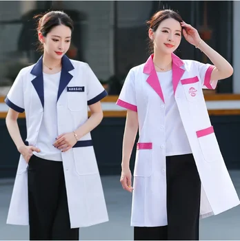 Kadın laboratuvar önlüğü Renk Engelleme Kısa Kollu Ceket Uzun Kollu Doktor İş Giysisi Yarım Kollu Tıbbi Üniforma Ayarlanabilir Bel Kemeri