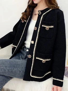 Zoki Sonbahar Kadın Ceket Uzun Kollu Göğüslü Tek Kore Yumuşak Moda Düğme Yün Ceket Beyaz Siyah Kış Rahat Bayan Giyim