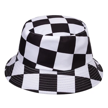 Moda yaz kova şapka Ekose Siyah Beyaz Panama Kova Şapka Katlanabilir Pamuk Kadın Erkek Balıkçılık Şapka Hip Hop Bob Unisex Kapaklar