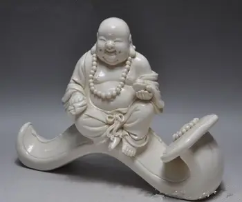 Çin Dehua Beyaz Porselen servet ruyi Mutlu Laugh Maitreya Buda Heykeli