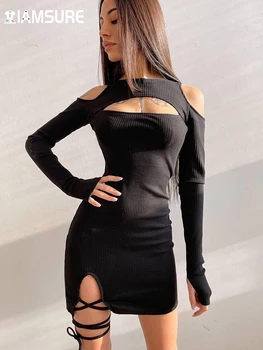 IAMSURE Seksi İnce Hollow Out Bandaj Bodycon Elbise Zarif Moda Katı Uzun Kollu Mini Elbiseler Kadınlar İçin 2022 Moda Bayanlar