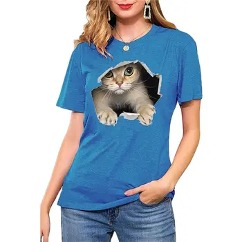2022 İlkbahar Yaz Kadın Kısa Kollu T-shirt Yuvarlak Boyun Karikatür 3D Kedi Baskı T-Shirt Casual Kazak Bayanlar Tops