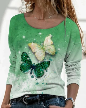 Sonbahar Moda kadın T-shirt 3D Kelebek Baskı Uzun Kollu T-shirt yuvarlak Boyun Üstleri Gevşek Boyutu Tee Gömlek Casual Kazak