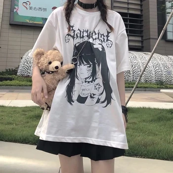 Harajuku Anime Kadın T Shirt Gevşek Büyük Boy T Shirt Kadın Giysileri Yaz Grafik Üst Karikatür Tee Gömlek Japon Streetwear