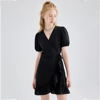 Kadın Ofis Bayan Elbise Kısa Kollu Zarif Düz Renk Yeni Kore Moda Y2K V Yaka Casual Vintage Kızlar yaz elbisesi 2022