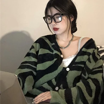 Zebra Desen Sonbahar Kazak Hırka Kadın V Yaka Tek Göğüslü Örme Süveter Yeşil Casual Triko Kore Dış Giyim Yeşil