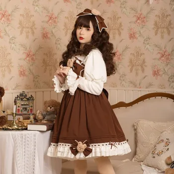 Vintage Kawaii Lolita JSK Elbise Kadınlar Kış Japon Tatlı Ayı Peluş Cep Kadife Askı Midi Elbise Kahverengi Yumuşak Kız Parti