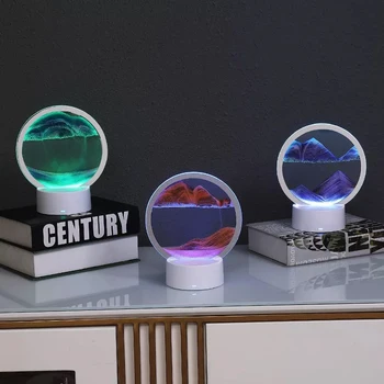 7 Renk Kum Boyama Kum Manzarası Lamba 3D Hareketli Akan Kum Sanatı Yuvarlak Kum Saati USB Dokunmatik Gece Lambası Odası Ev masa süsü Lambası