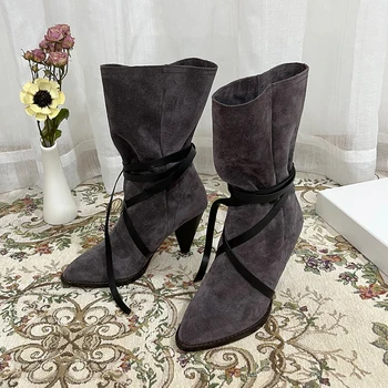 2022 deri yüksek topuk kadın kısa çizmeler roma bayan botları sivri burun sonbahar ve kış